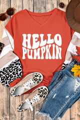 Red Hello Pumpkin Graphic Leopard Striped Colorblock Sleeve Sweatshirt