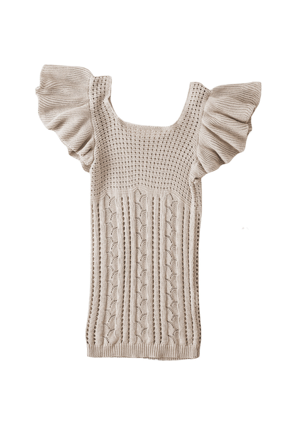 Beige Flutter Sleeve Hollowed Pointelle Knit Top