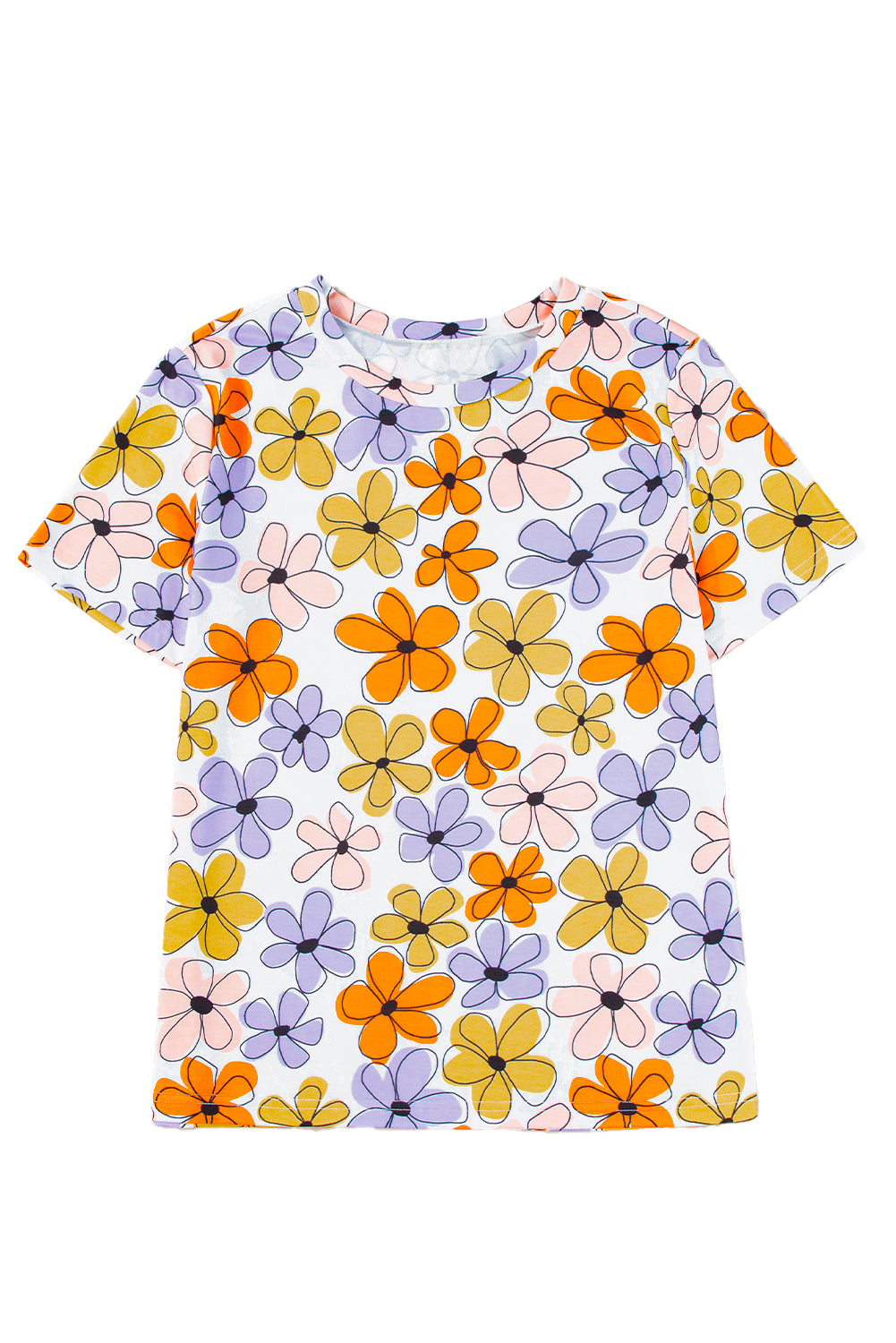 Orange 60s Vintage Flower Print Round Neck T Shirt