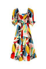 White Square Neck Smocked Abstract Print Boho Maxi Dress