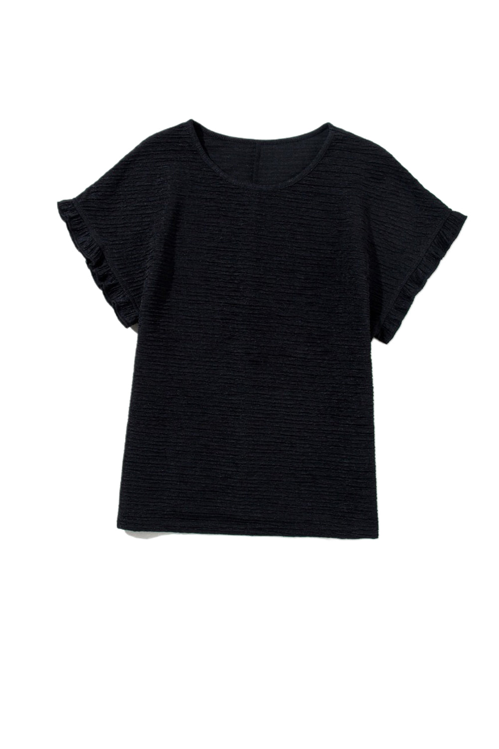 Black Solid Textured Frill Cuffs Short Sleeve Blouse