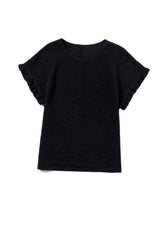 Black Solid Textured Frill Cuffs Short Sleeve Blouse