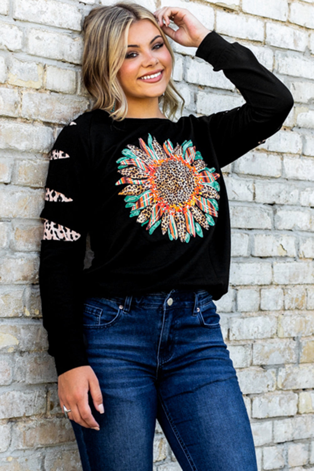 Ripped Sleeve Serape Leopard Sunflower Graphic Sweatshirt