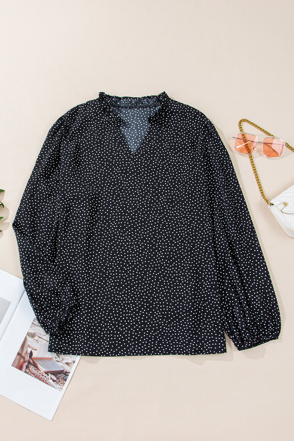 Black Plus Size Leopard Print Frill Notch V Neck Blouse