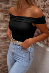 Black Solid Color Folded Off Shoulder Slim Blouse