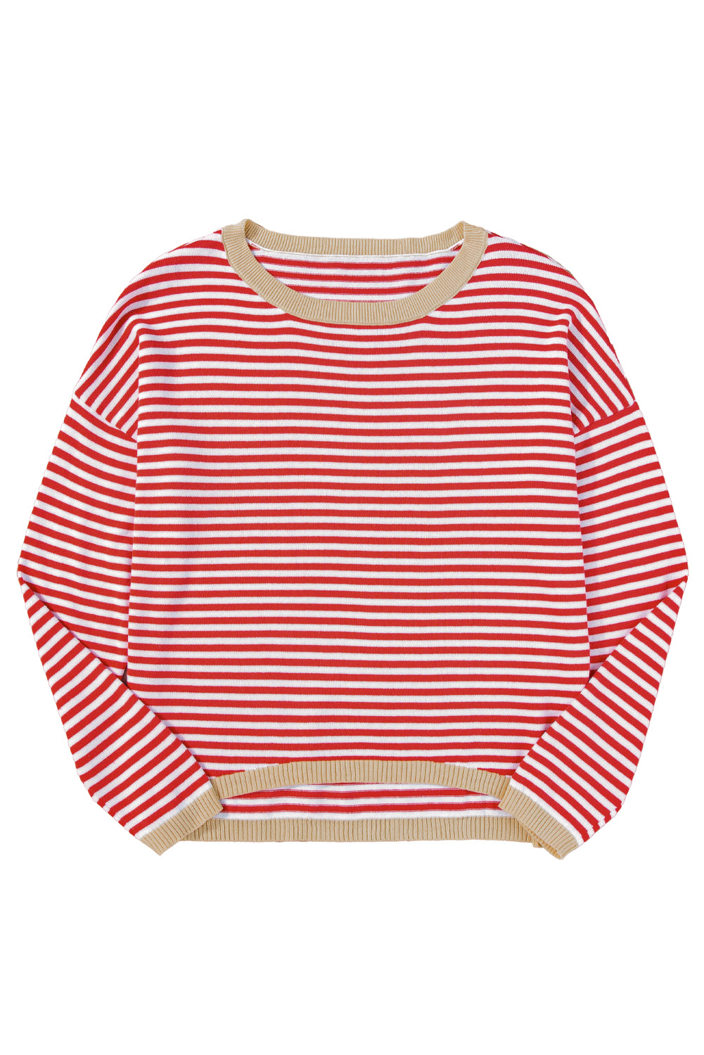 Fiery Red Striped Colorblock Trim Knit Pullover Sweater