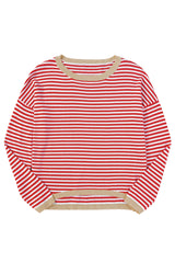 Fiery Red Striped Colorblock Trim Knit Pullover Sweater