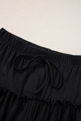 Black Frill Detail Drawstring High Waist Wide Leg Pants