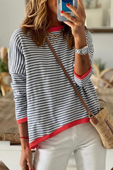 Striped Print Trim Drop Sleeve Knit Pullover Sweater