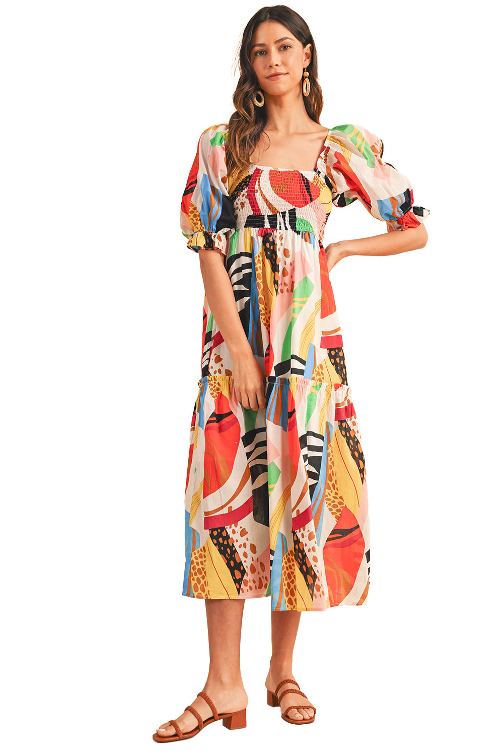 White Square Neck Smocked Abstract Print Boho Maxi Dress