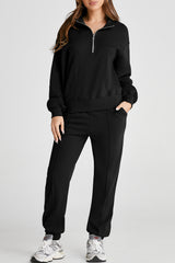 Black Solid Color Half Zip Up Pullover Top and Jogger Set