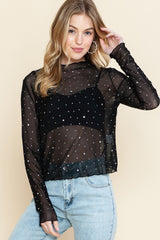 Black Rhinestone Mesh Mock Neck Top