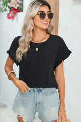 Black Solid Textured Frill Cuffs Short Sleeve Blouse