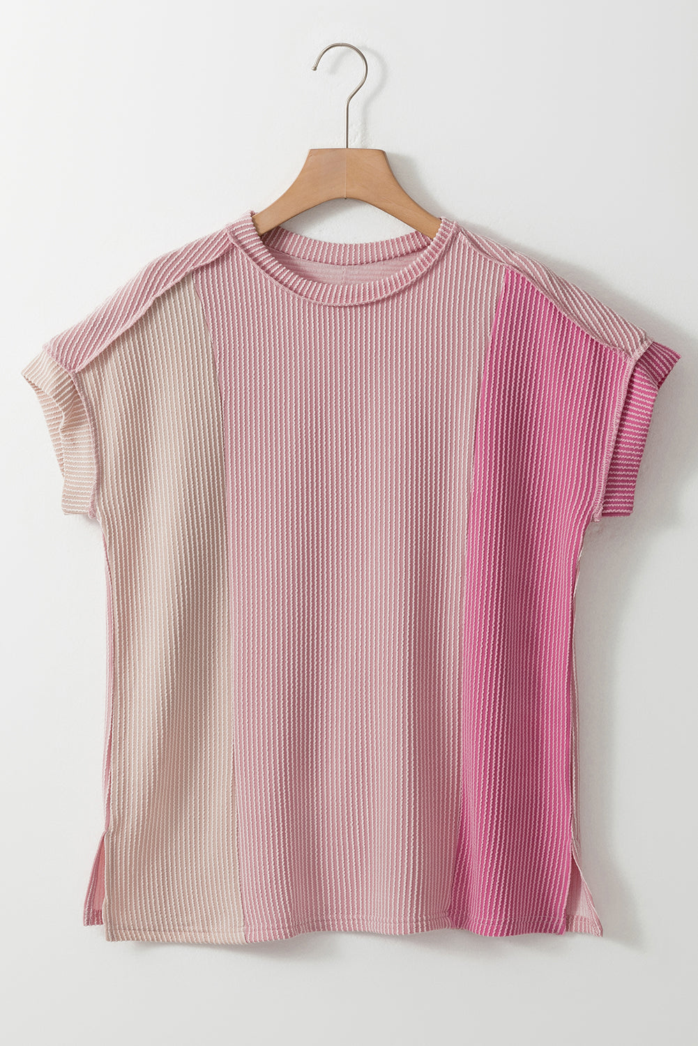 Pink Textured Colorblock Round Neck T Shirt