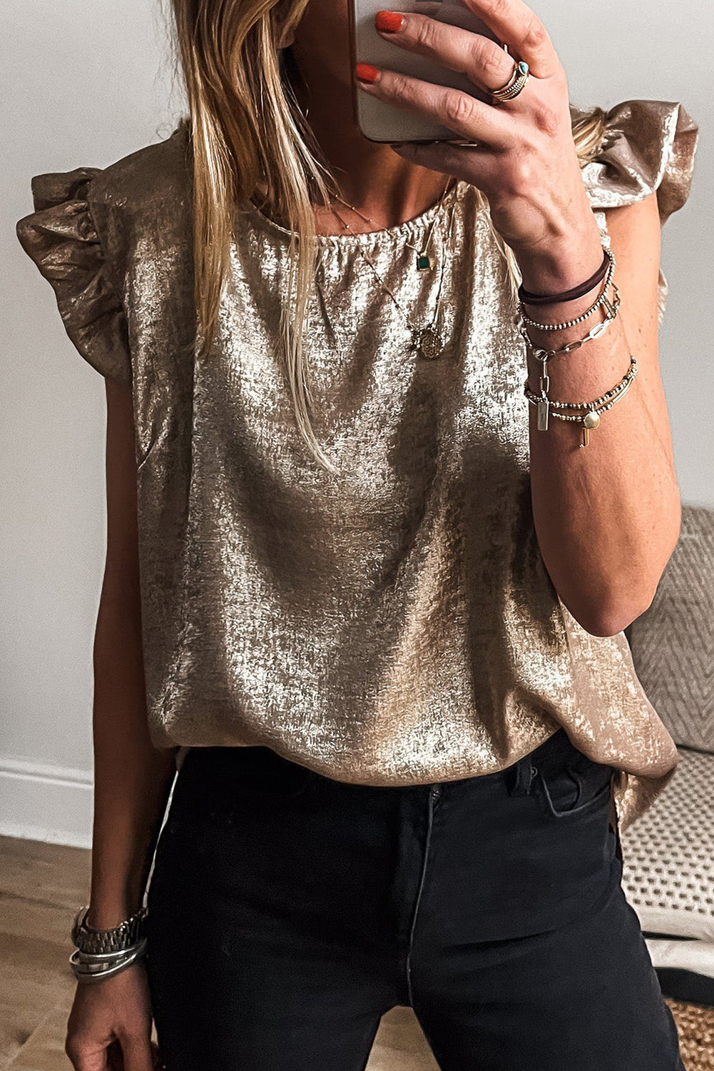 Gold Metallic Solid Color Ruffle Shoulder Blouse