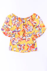 Yellow Floral Print Boho Half Sleeve Bishop Sleeve Blouse