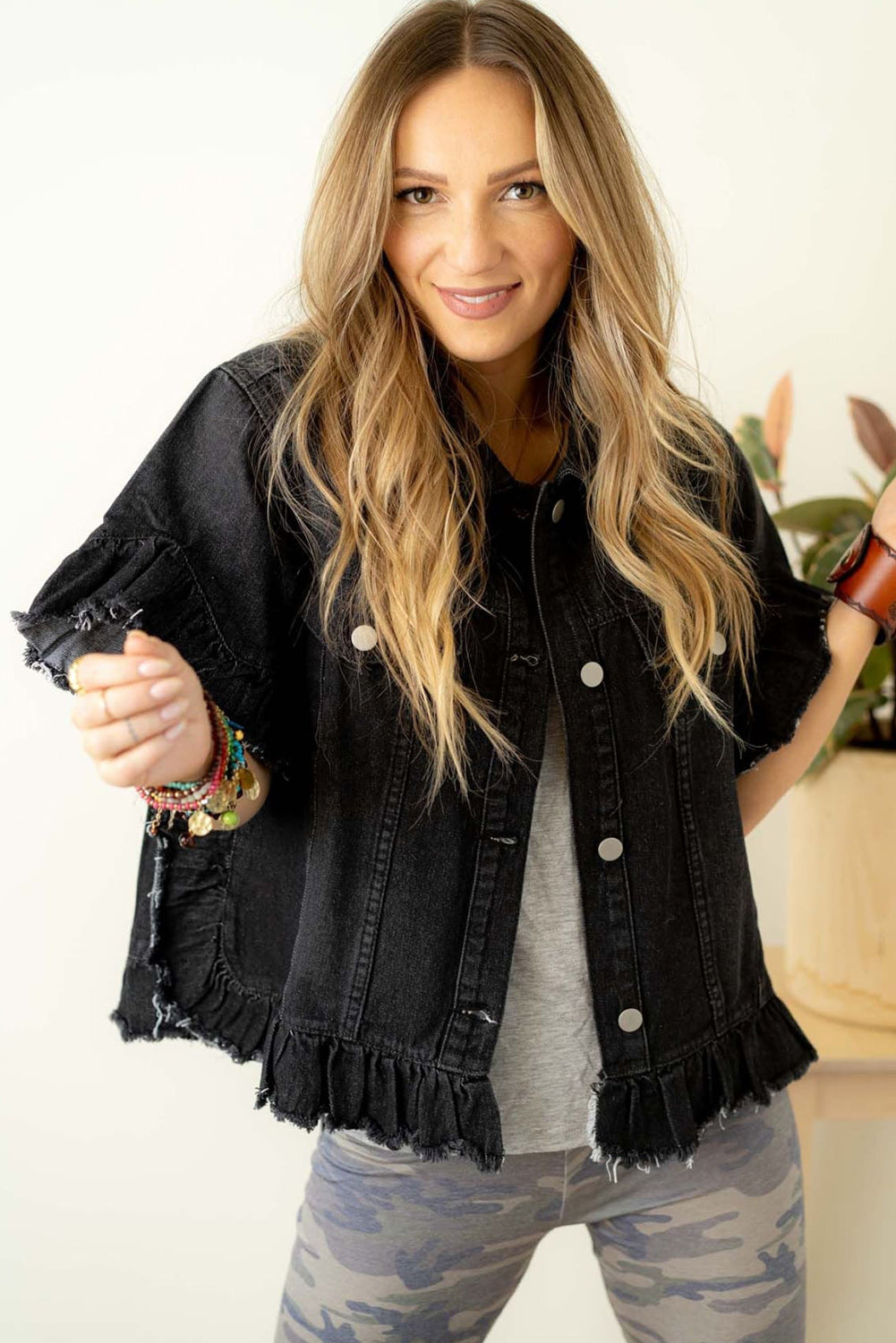 Black Raw Edge Ruffle Short Sleeve Denim Jacket