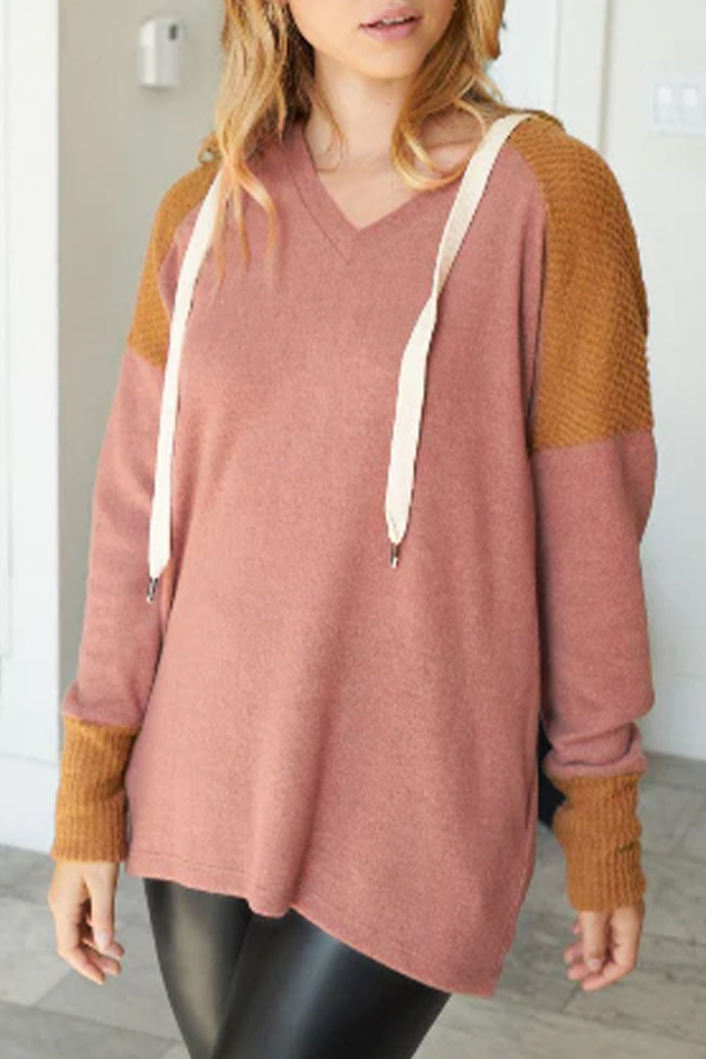 Brown Patchwork Casual Drawstring Tunic Hoodie