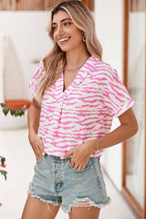 Rose Zebra Print V-Neck Roll Up Sleeve Blouse