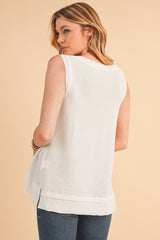 White Scoop Neck Waffle Knit Splicing Flowy Vest