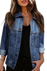 Dark Blue Washed Oversized Pocketed Denim Jacket