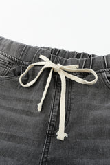 Gray Drawstring Elastic Waist Jeans With Hole