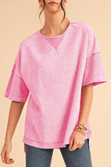 Strawberry Pink Mineral Wash Exposed Seam Drop Shoulder Oversized Tee