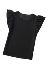 Black Eyelet Textured Ruffle Sleeve Short Sleeve Blouse