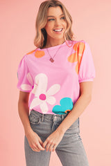 Pink Colorful Flower Print Bubble Sleeve Tee