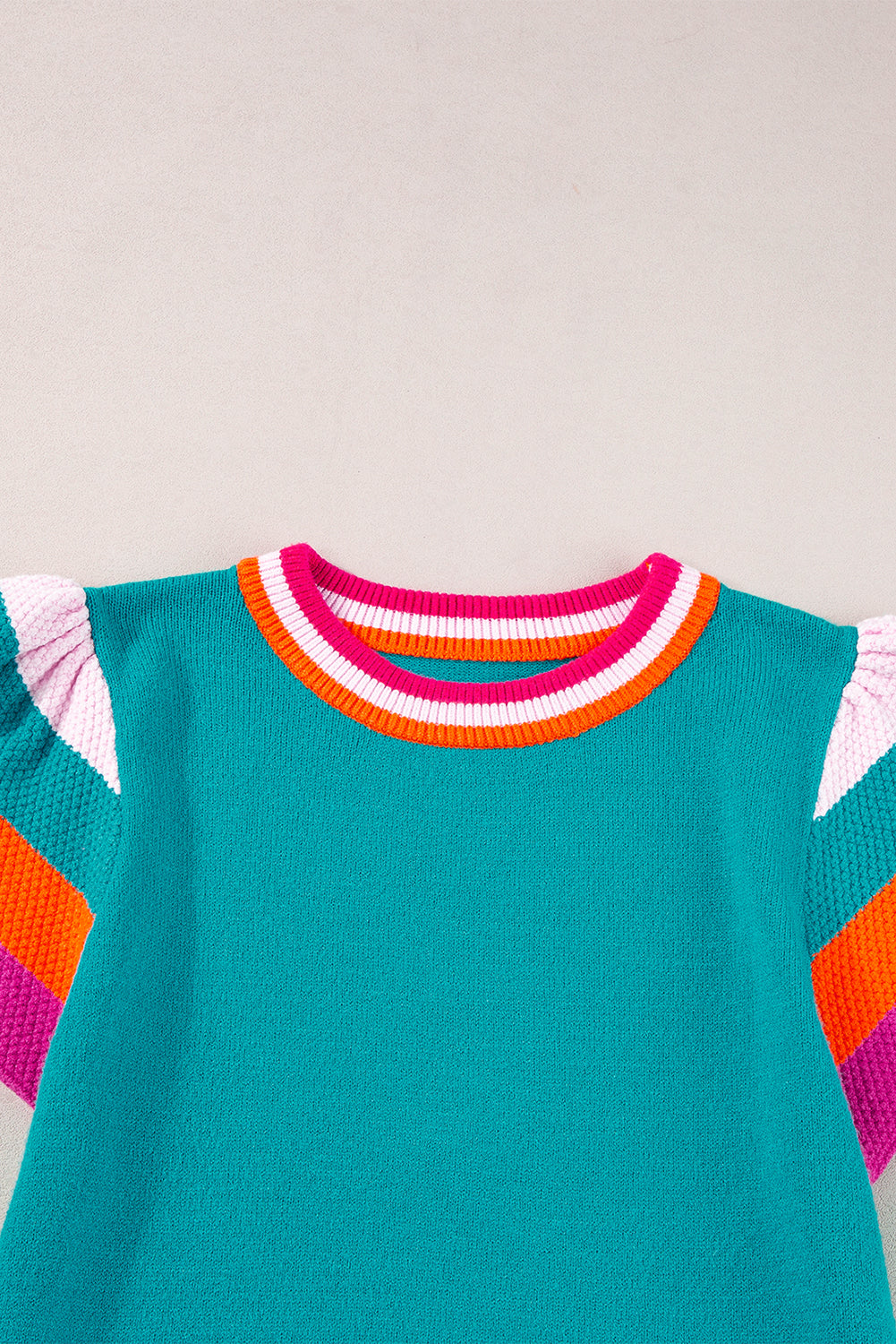 Turquoise Contrast Sleeve Striped Round Neck Knitted Tee