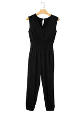 Black Shirred High Waist V Neck Sleeveless Jumpsuit