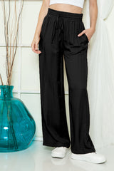 Black Plain Drawstring Shirred Elastic Waist Wide Leg Pants