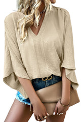 Parchment Solid Color Crinkled V Neck Ruffled Sleeve Blouse