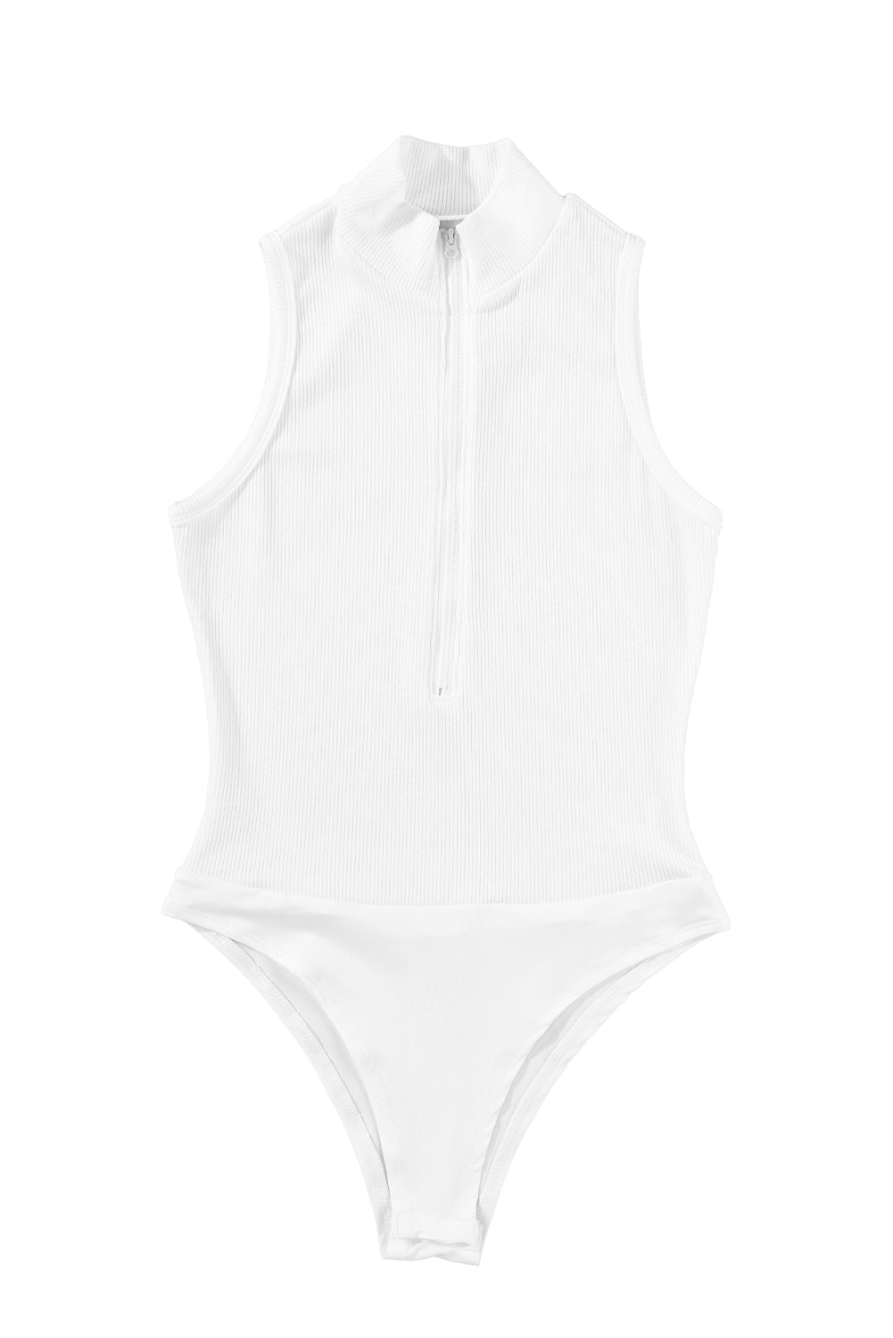 White Zip Up Mock Neck Ribbed Sleeveless Bodysuit