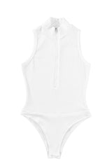 White Zip Up Mock Neck Ribbed Sleeveless Bodysuit