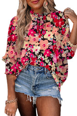 Rose Floral Print Frilled Neck Shirred Cuffs Blouse