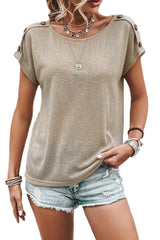 Smoke Gray Solid Color Button Decor Batwing Sleeve Tee