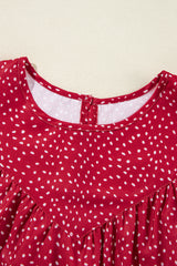 Fiery Red Spotted Print Pleated Ruffle Sleeve Blouse