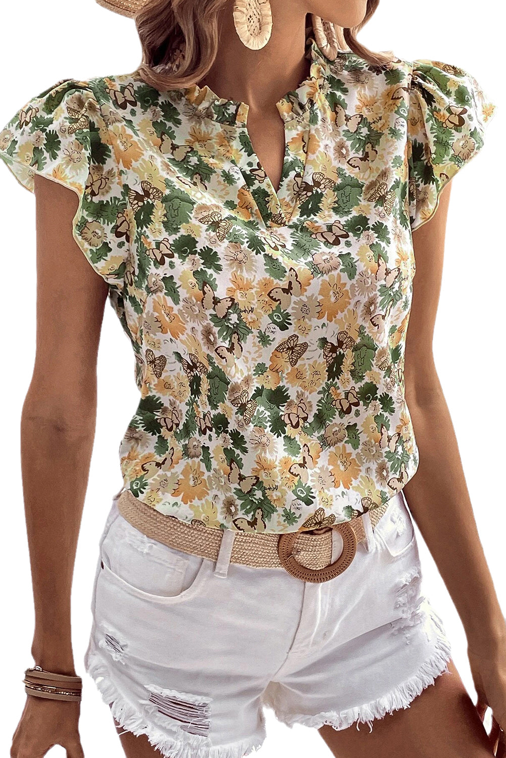 Laurel Green Floral Print Frilled V Neck Butterfly Sleeve Blouse