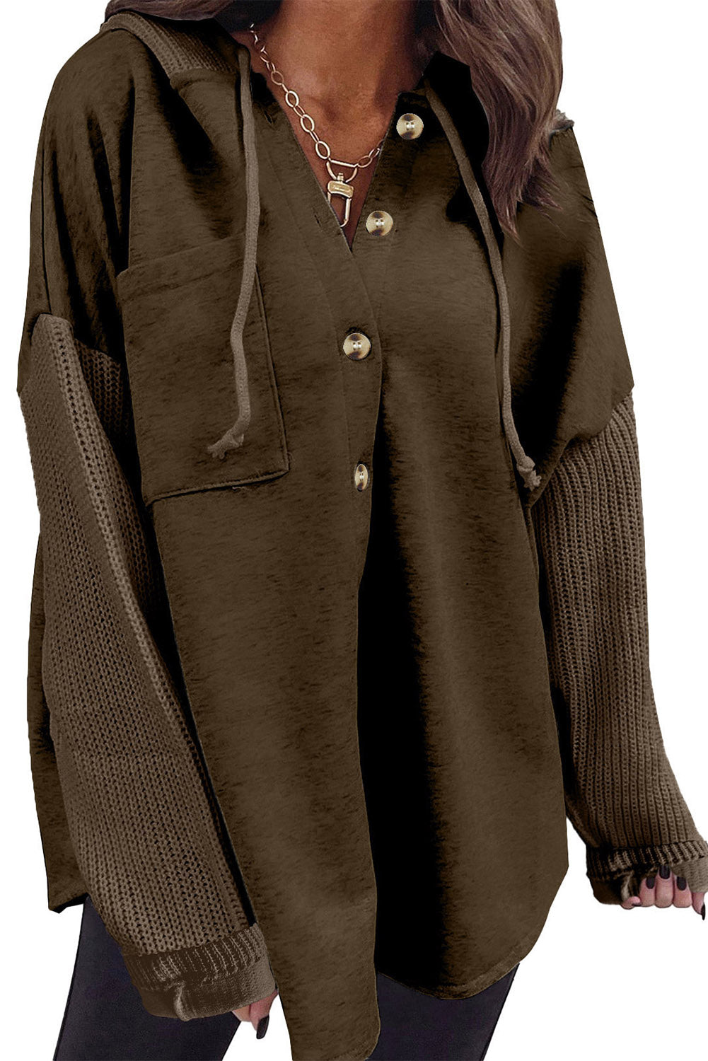 Dark Brown Button Up Crochet Knitted Sleeve Hoodie