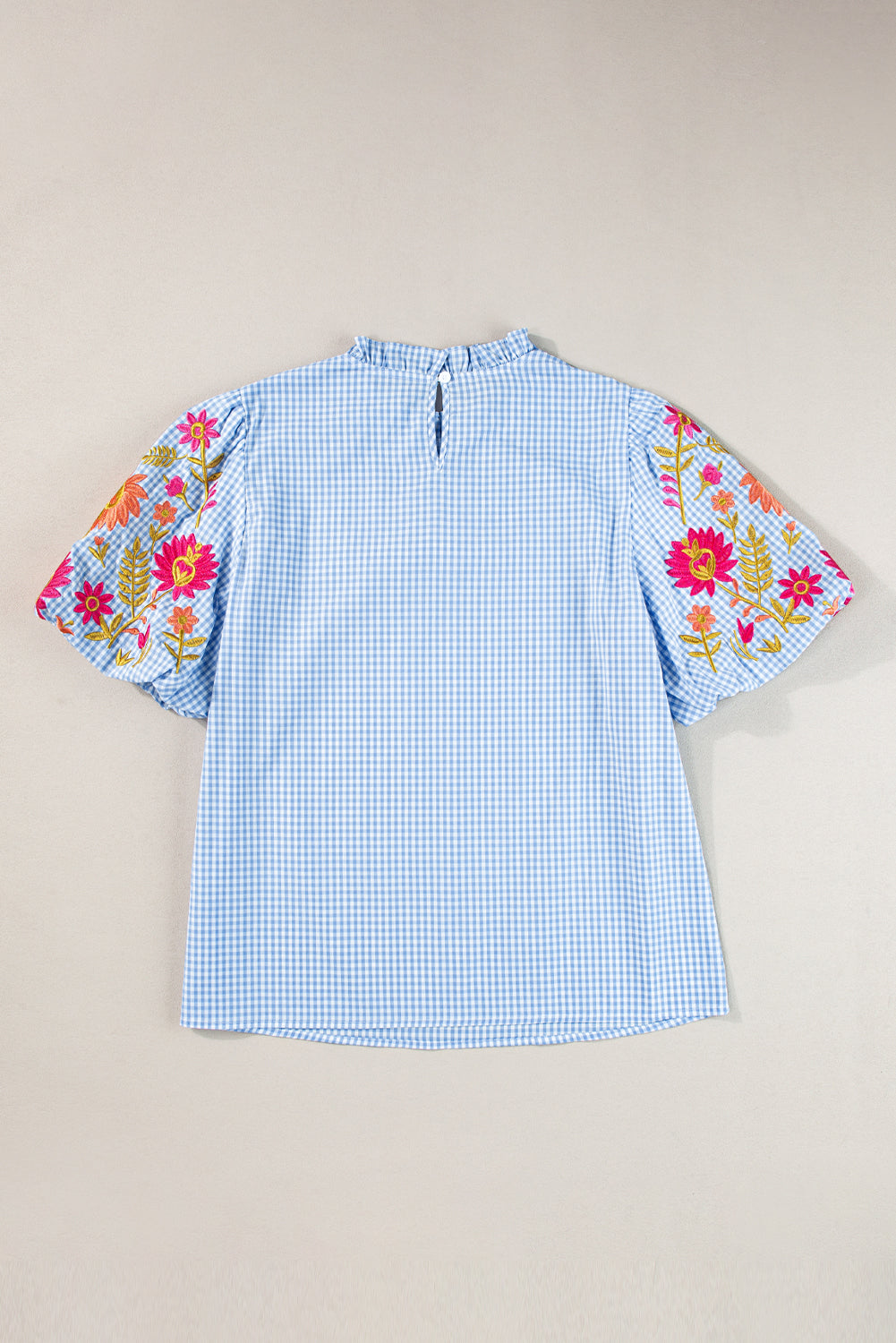 Light Blue Flower Embroidered Puff Sleeve Gingham Blouse