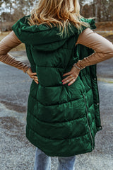 Green Hooded Pocketed Quilted Long Vest Coat