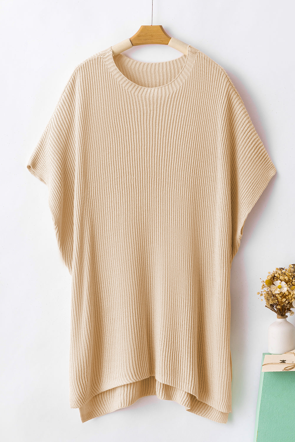 Wholesale Apricot Side Slit Short Sleeve Oversized Sweater