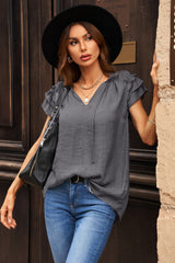 Gray V Neck Tiered Ruffle Sleeve Summer Top