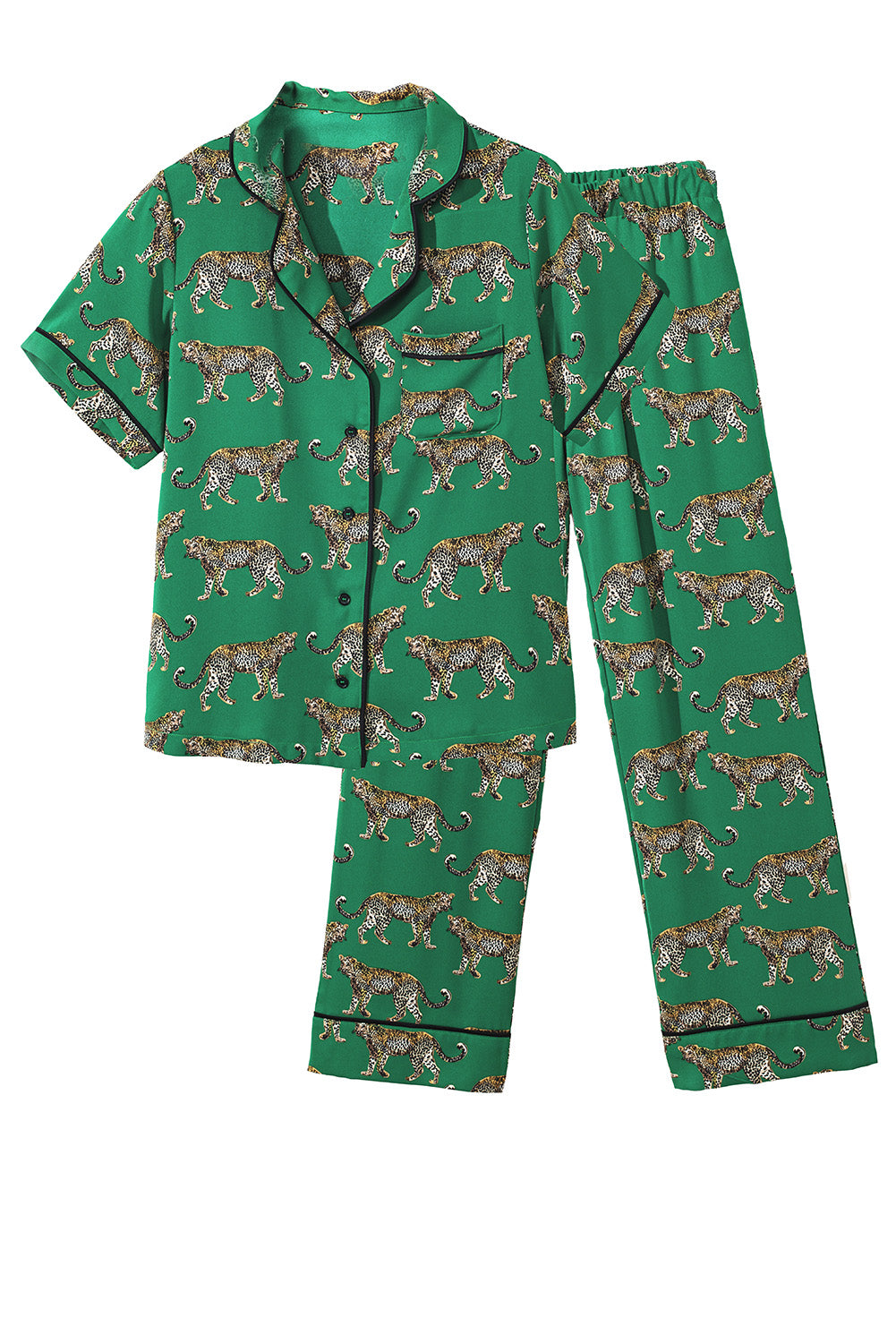 Green Cheetah Print Short Sleeve Shirt and Pants Pajama Set