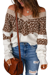 Cheetah Color Block Rib Trim Off Shoulder Pullover Sweater