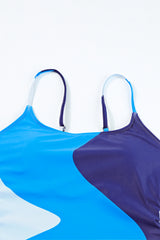 Sky Blue Color Block Drawstring Sides One Piece Swimsuit