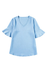 Beau Blue Ruffled Short Sleeve V Neck Textured Blouse