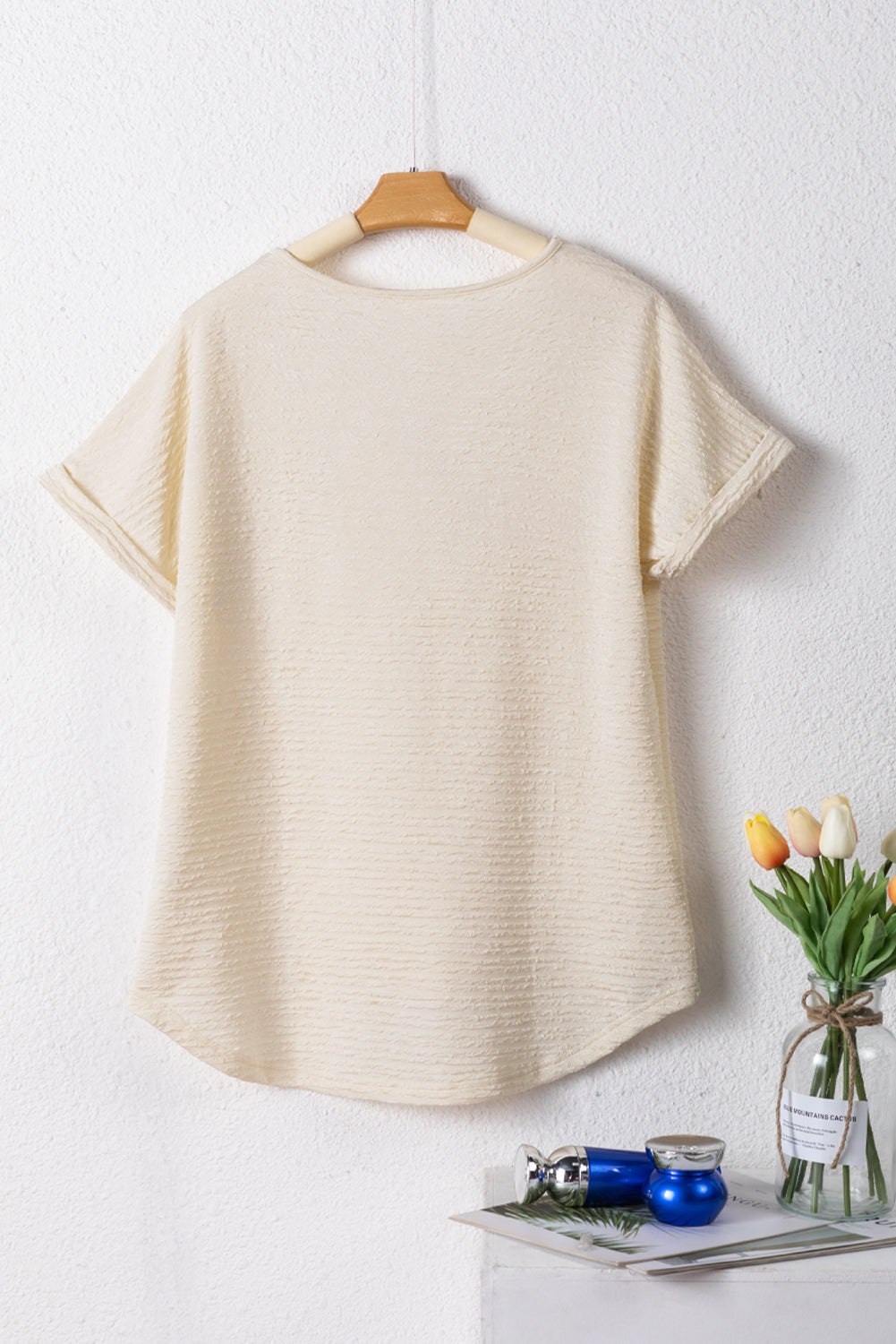 Pale Khaki Solid Color V-Neck Textured T Shirt
