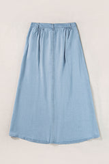 Mist Blue Fully Buttoned Long Denim Skirt